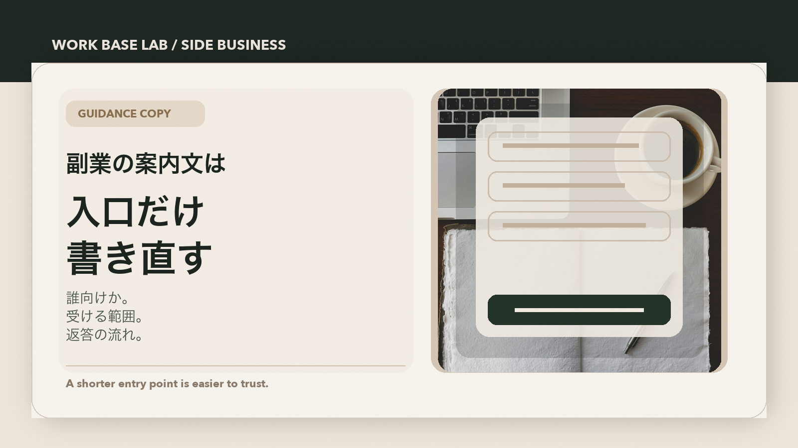 副業の案内文を相談入口へ短く整えることを表した Work Base Lab のアイキャッチ画像
