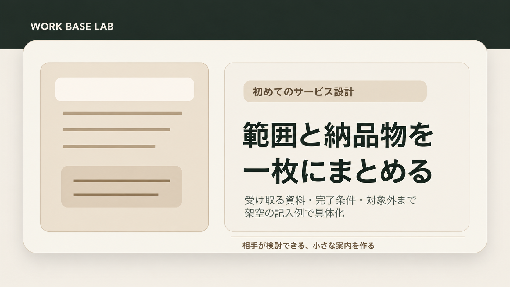 初めてのサービス設計。受け取る資料、対応範囲、納品物、完了条件、対象外を架空の記入例で具体化する